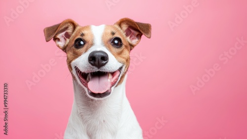 A dog is smiling and looking at the camera