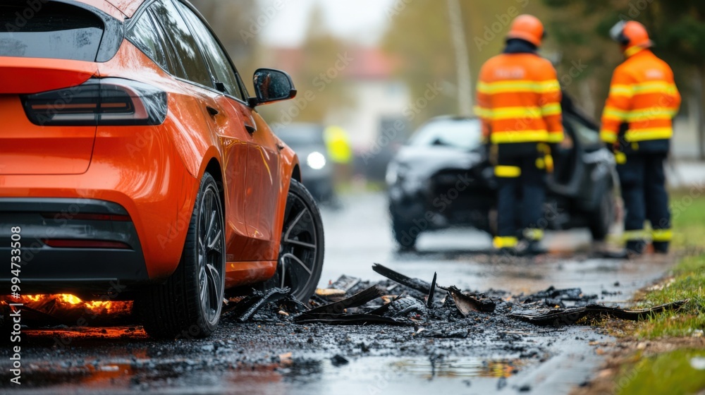 Electric Car Accident Scene with Fire and Damage Electric Car Accident Scene with Fire and Damage