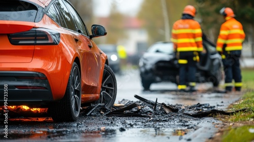 Electric Car Accident Scene with Fire and Damage