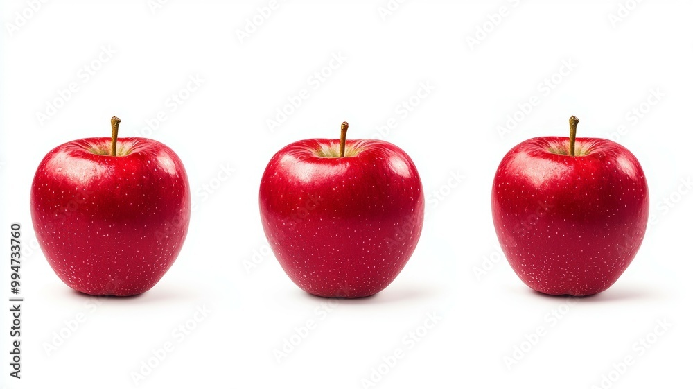 Three red apples are shown in a row on a white background