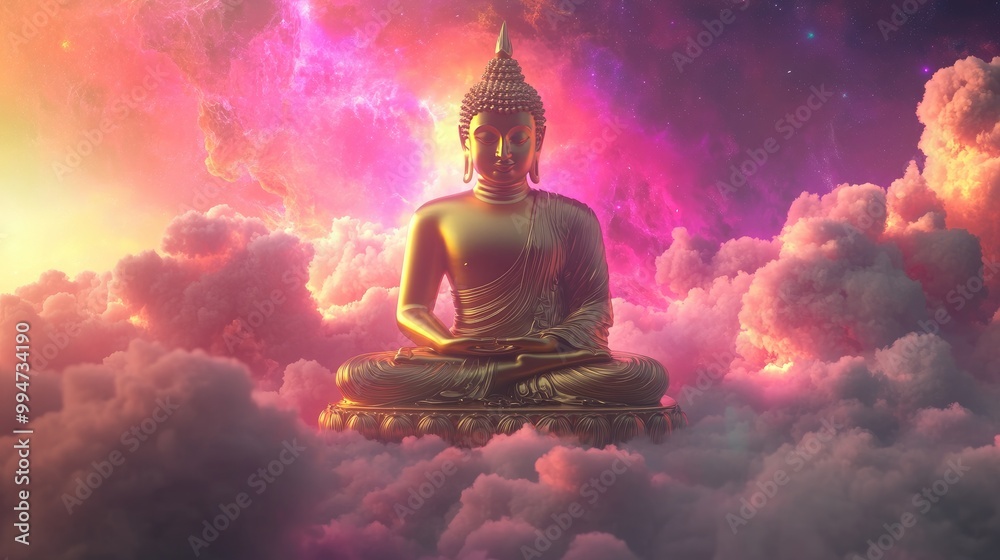 Majestic floating golden Buddha image, set against a glowing futuristic background with vibrant colors and cosmic details, above the clouds Majestic floating golden Buddha image, set against a glowing futuristic background with vibrant colors and cosmic details, above the clouds