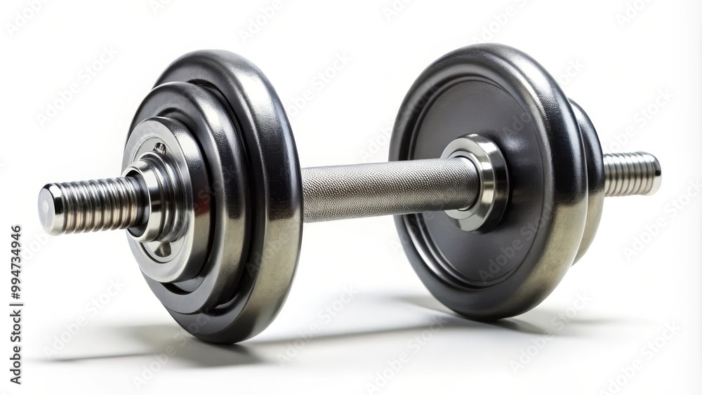 Dumbbell is laying on a white surface and is ready to be used for working out Dumbbell is laying on a white surface and is ready to be used for working out
