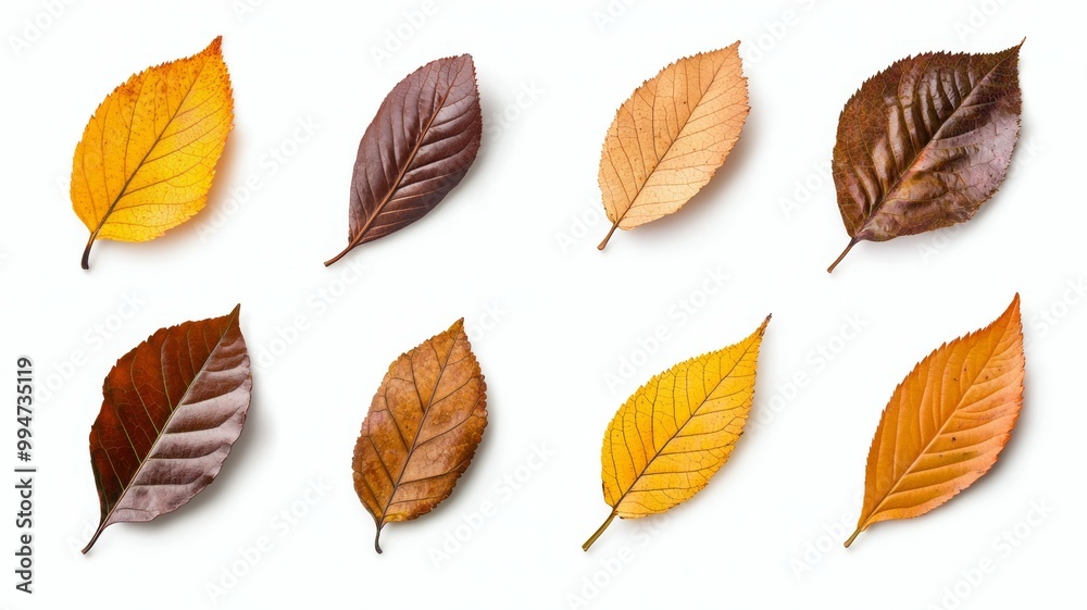 Obraz premium A row of yellow leaves are shown on a white background