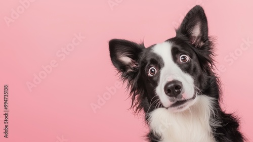 A black and white dog with a pink background