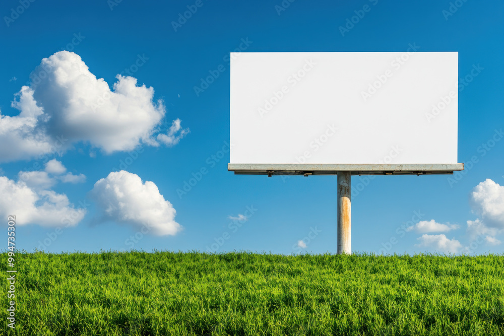 blank billboard stands tall against vibrant green field and blue sky. blank billboard stands tall against vibrant green field and blue sky.