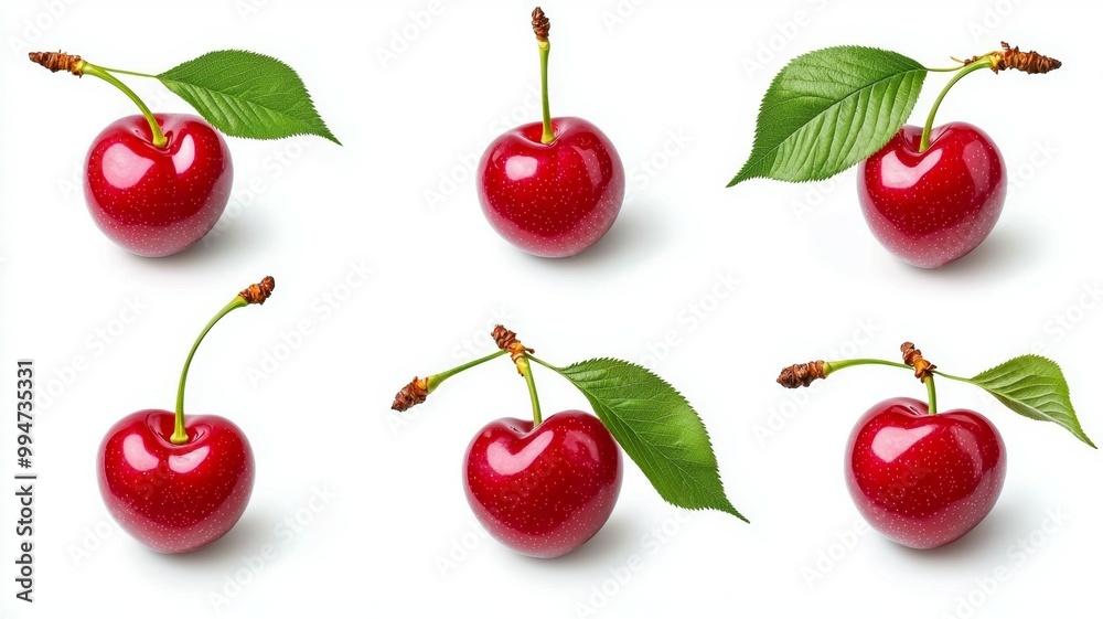 A close up of six cherries with their stems A close up of six cherries with their stems