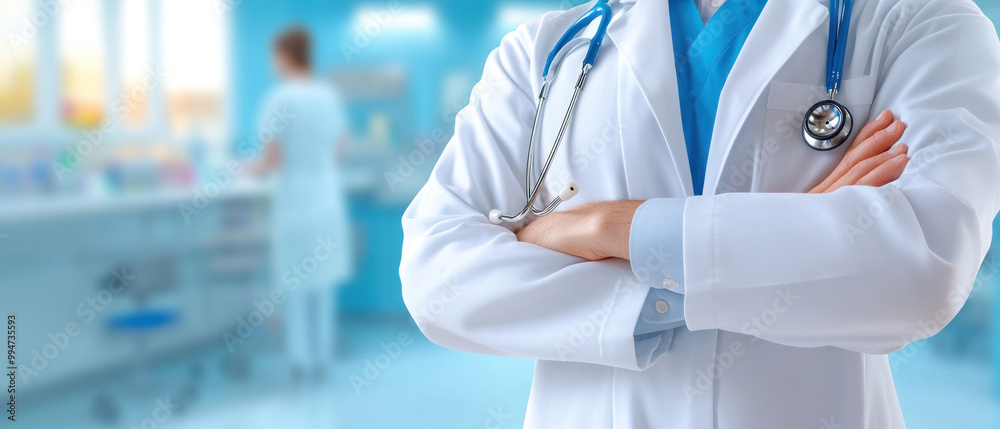 doctor in white coat stands confidently with crossed arms, showcasing professionalism and care. doctor in white coat stands confidently with crossed arms, showcasing professionalism and care.