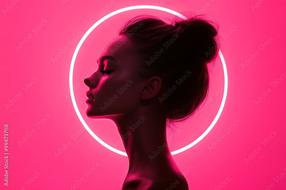 Silhouette of a woman with a glowing neon pink halo symbolizing individuality technology and modern communication in a vibrant digital world Silhouette of a woman with a glowing neon pink halo symbolizing individuality technology and modern communication in a vibrant digital world