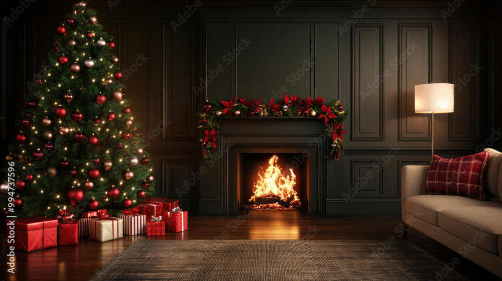 cozy living room with Christmas tree and warm fireplace. cozy living room with Christmas tree and warm fireplace.