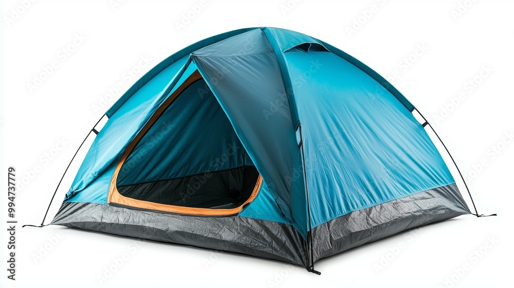 A blue tent with a yellow flap is sitting on a white background A blue tent with a yellow flap is sitting on a white background