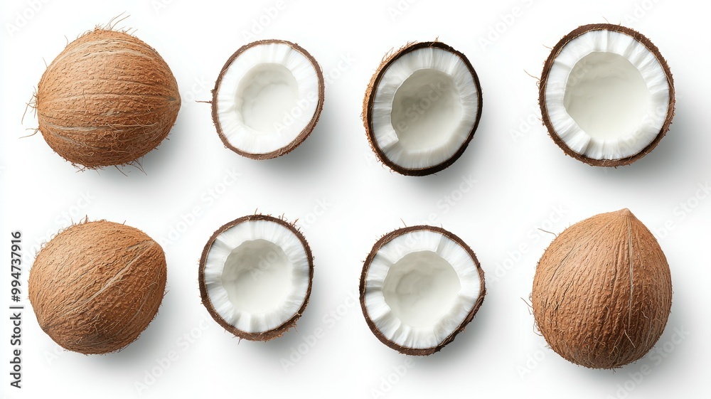 A close up of several coconut halves, each with a white interior A close up of several coconut halves, each with a white interior