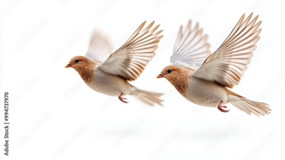 Obraz premium Two birds flying in the air, one is brown and the other is white