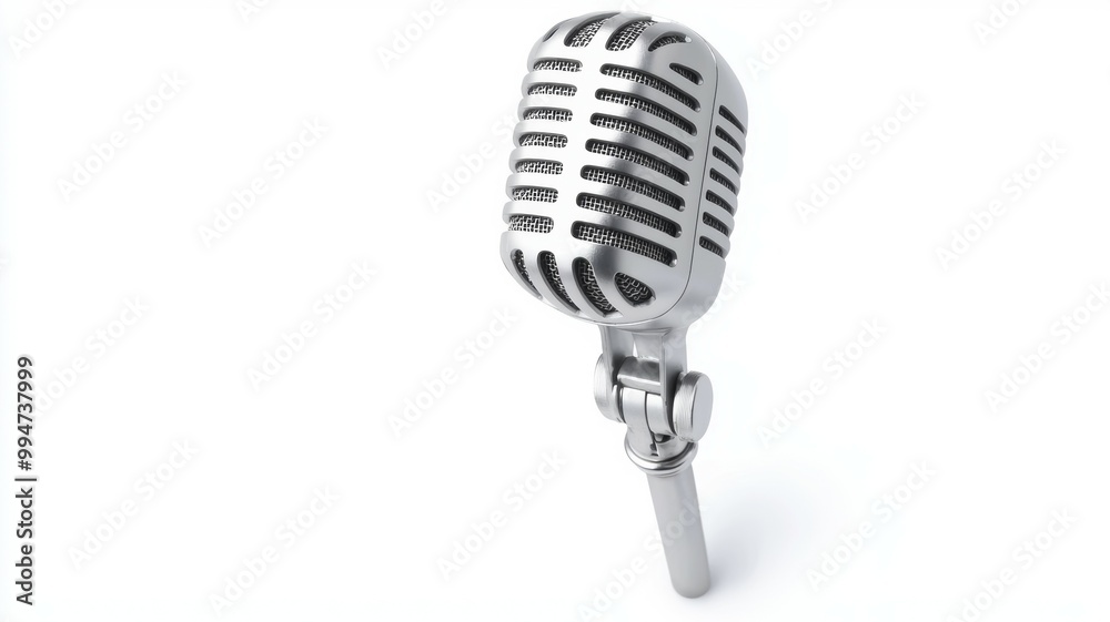 A silver microphone with a white background
