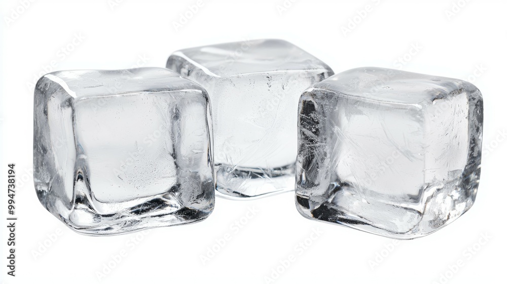 Three cubes of ice are shown on a white background Three cubes of ice are shown on a white background