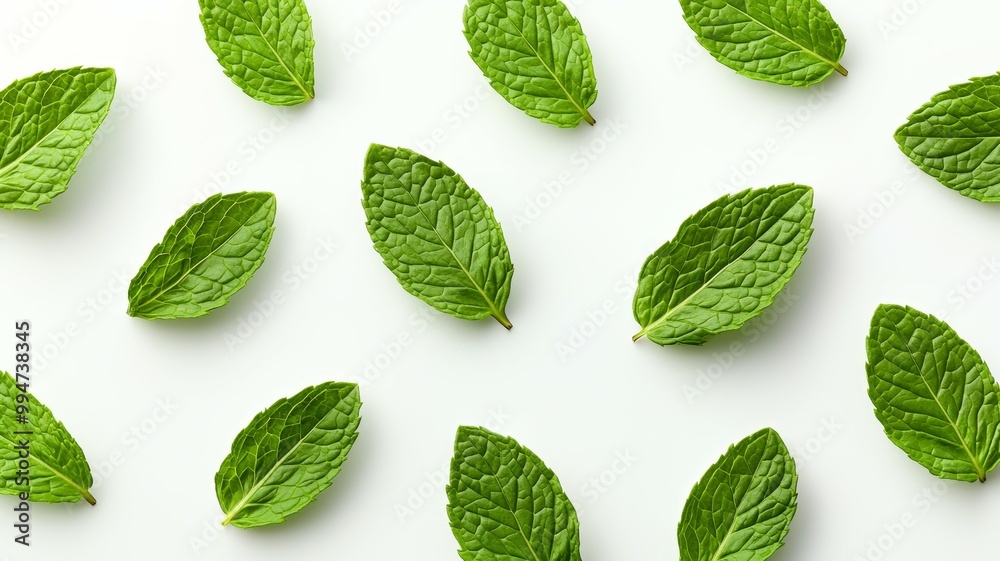 A close up of green mint leaves arranged in a pattern A close up of green mint leaves arranged in a pattern