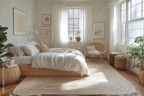 Minimalist Scandinavian bedroom and wood furniture and cozy textiles. The room is decorated with a white color theme and has a natural feel to it.