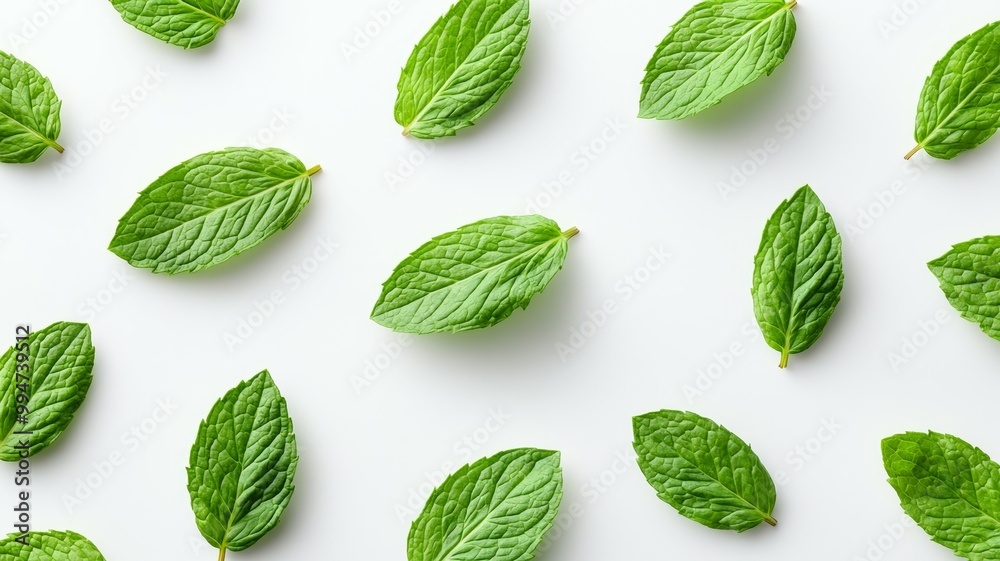 A close up of green mint leaves on a white background A close up of green mint leaves on a white background