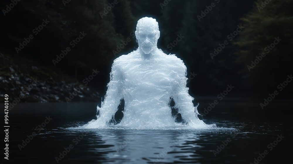 Obraz premium Ethereal figure rising from water, surrounded by dark forest. A captivating blend of nature and surrealism, evoking mystery and wonder.