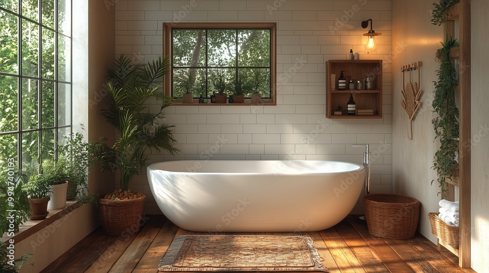 Scandinavian-style bathroom with cozy furniture. The room is decorated with plants and has a warm, inviting atmosphere. Scandinavian-style bathroom with cozy furniture. The room is decorated with plants and has a warm, inviting atmosphere.
