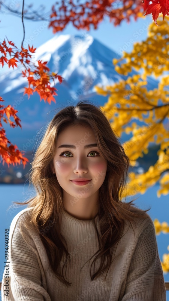 Woman smile mountain flowers background Woman smile mountain flowers background