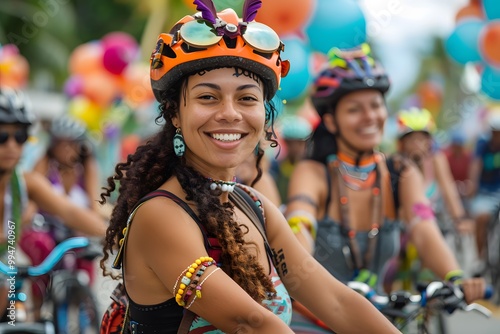 Colorful Parade with People on Bikes in Festive Costumes and Decorations