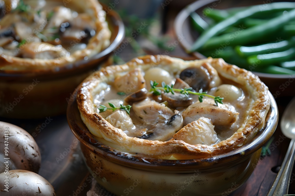Delicious chicken pot pie with flaky crust and savory filling. Close up of individual serving, with green beans on the side. Delicious chicken pot pie with flaky crust and savory filling. Close up of individual serving, with green beans on the side.