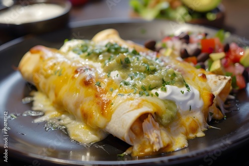 Closeup of delicious cheesy chicken enchiladas with sour cream and cilantro garnish, ready to eat