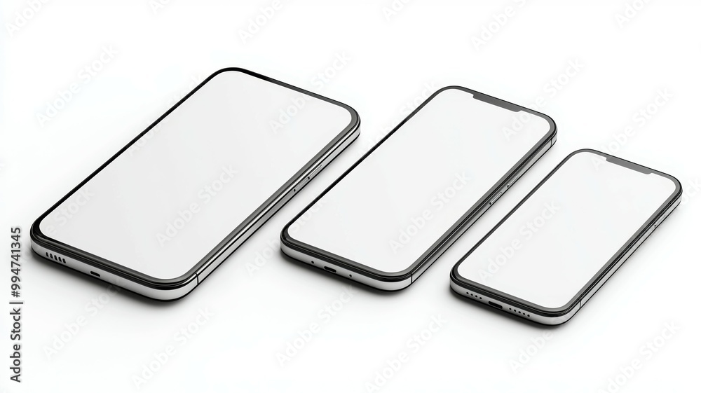 Three cell phones are lined up on a white background Three cell phones are lined up on a white background