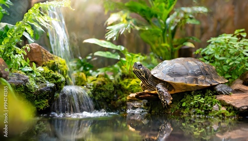Tropical turtle tank with a waterfall and lush greenery