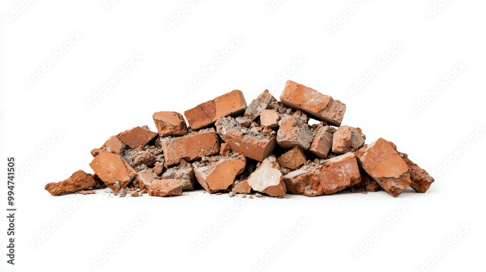 A pile of bricks is scattered on a white background