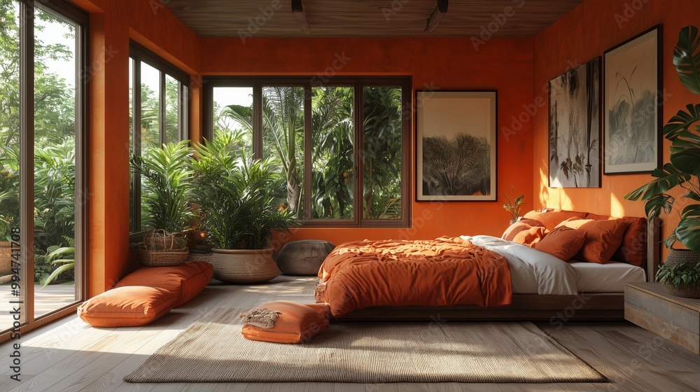 The bedroom is decorated with plants and has a tropical theme. The bedroom is decorated with plants and has a tropical theme.