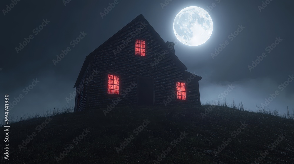 Spooky Haunted House on Hilltop with Full Moon and Fog Spooky Haunted House on Hilltop with Full Moon and Fog