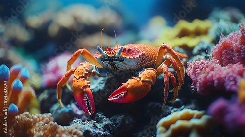 Close-up images of red crabs foraging on the seabed