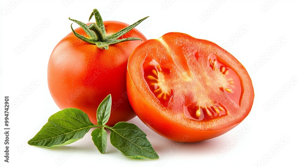 A tomato is cut in half and surrounded by green leaves A tomato is cut in half and surrounded by green leaves