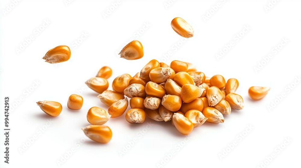 A pile of corn kernels on a white background