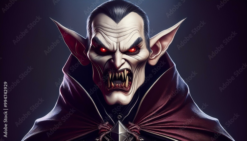 Scary Halloween Evil Vampire Character with Red Glowing Eyes Against a Dark Foggy Background Scary Halloween Evil Vampire Character with Red Glowing Eyes Against a Dark Foggy Background