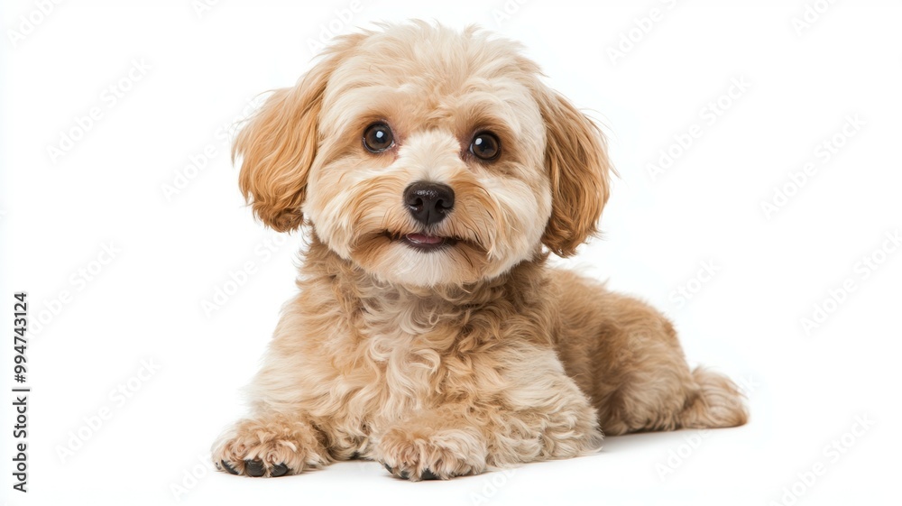 A small dog with a fluffy coat is laying on a white background