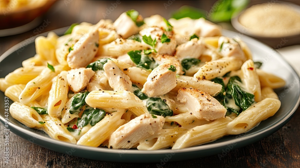 Creamy Chicken and Spinach Pasta on plate on a dinner table Creamy Chicken and Spinach Pasta on plate on a dinner table
