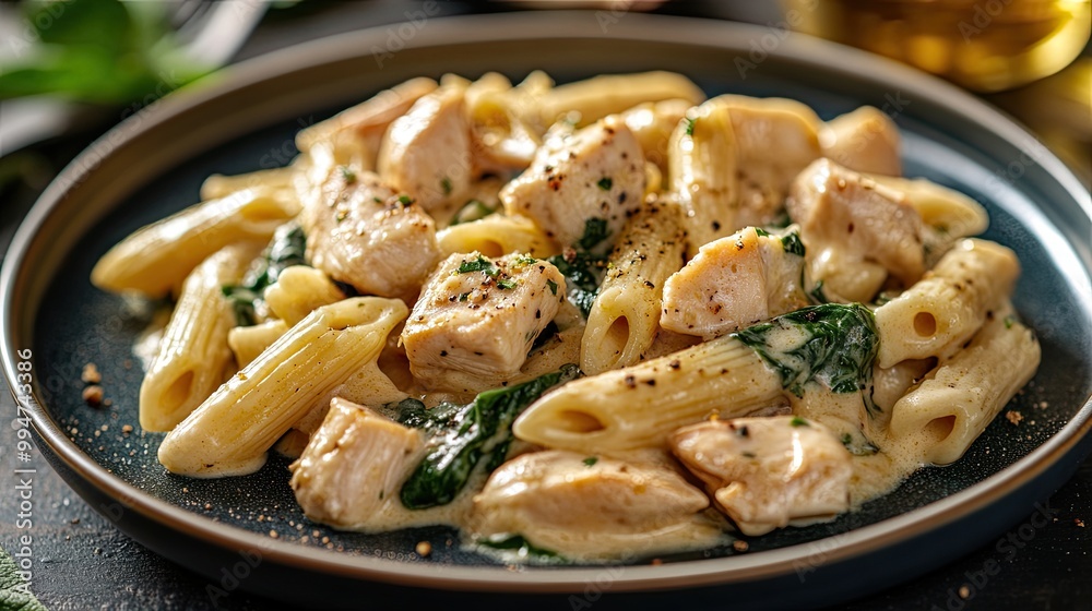 Creamy Chicken and Spinach Pasta on plate on a dinner table Creamy Chicken and Spinach Pasta on plate on a dinner table