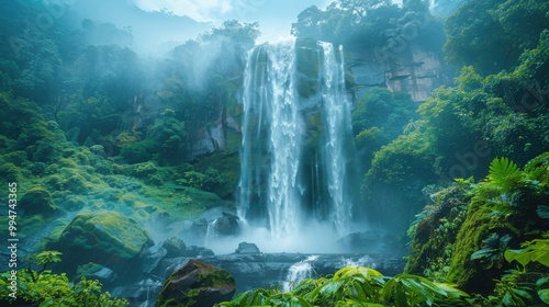 Waterfall that is surrounded by lush green trees