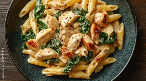 Creamy Chicken and Spinach Pasta on plate on a dinner table