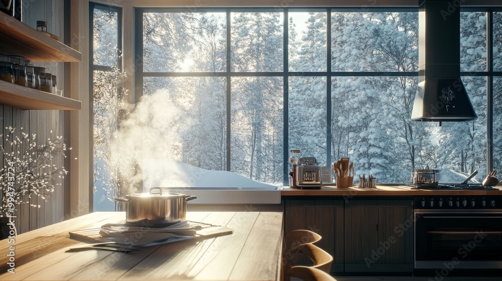 custom made wallpaper toronto digitalWinter kitchen interior with a large wooden table, a steaming pot on the stove generative ai