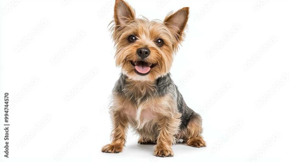 A small dog with a black nose and a black mouth is sitting on a white background A small dog with a black nose and a black mouth is sitting on a white background