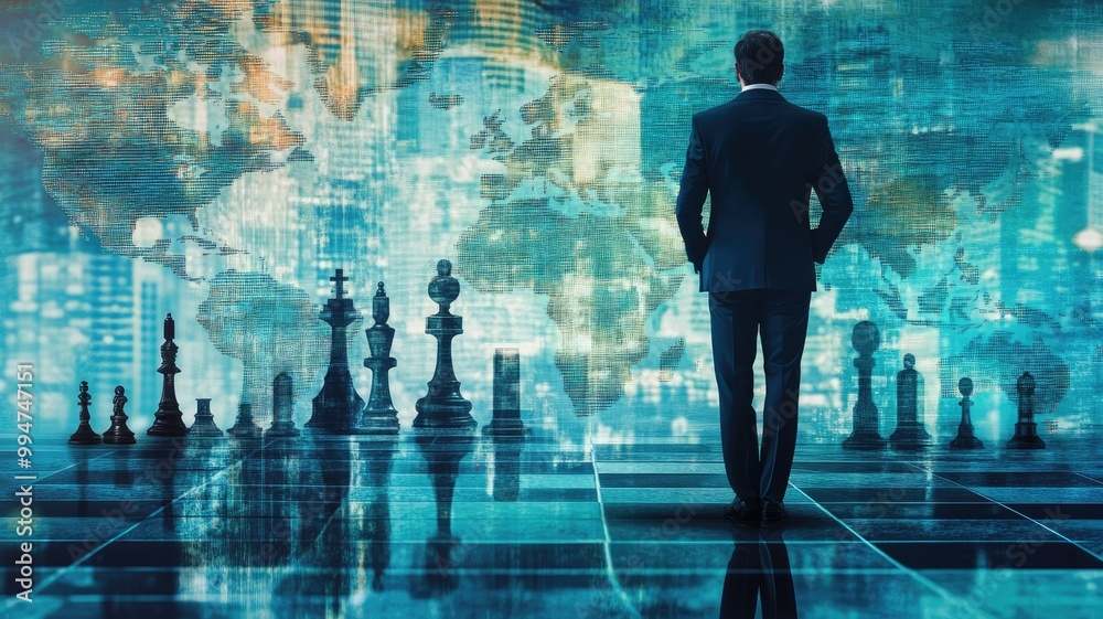 Businessman strategizing chess moves, overlay of world map and cityscape, symbolizing strategic global business planning Businessman strategizing chess moves, overlay of world map and cityscape, symbolizing strategic global business planning