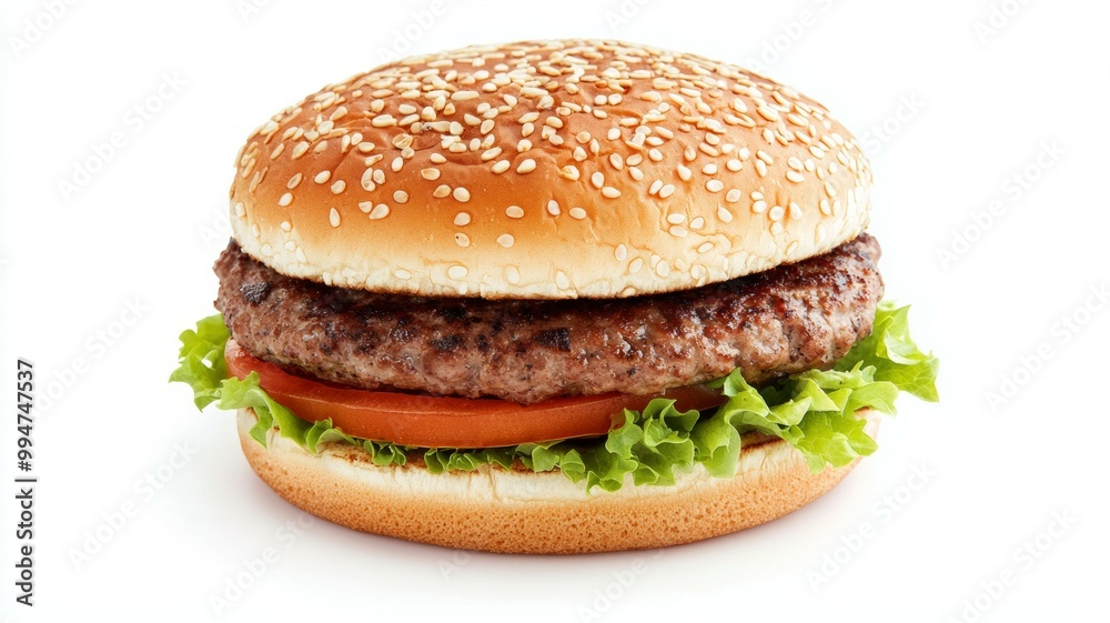 A hamburger with lettuce and tomato on a white background A hamburger with lettuce and tomato on a white background