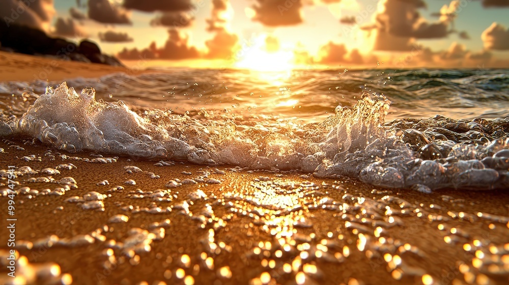 Golden Sunset Waves Crashing on Sandy Beach Golden Sunset Waves Crashing on Sandy Beach