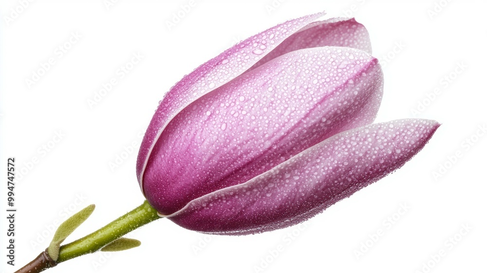 A single pink flower with dew drops on it A single pink flower with dew drops on it