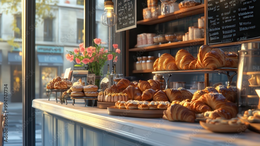 Cozy bakery with a display of fresh pastries and bread, bathed in morning light. Perfect for illustrating bakery vibes and breakfast scenes. Cozy bakery with a display of fresh pastries and bread, bathed in morning light. Perfect for illustrating bakery vibes and breakfast scenes.