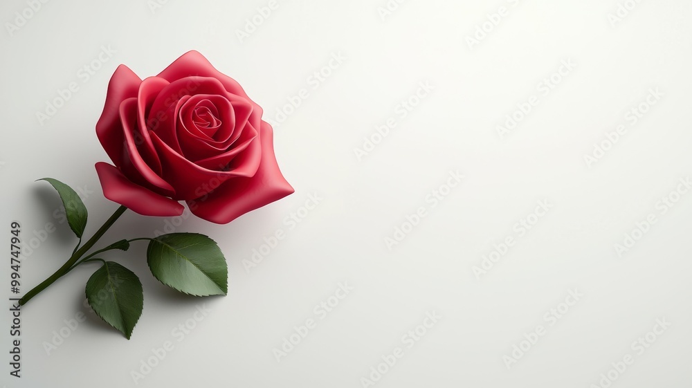Fototapeta premium A red rose is the main focus of the image, with its stem and leaves visible