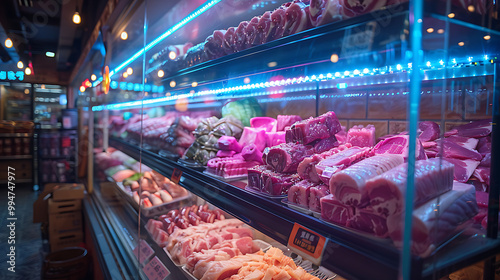 Meat aisle with various cuts displayed in a refrigerated grocery section. close-up of a meat fridge in a grocery store filled with various cuts of fresh meat various cuts of beef, pork and other meats